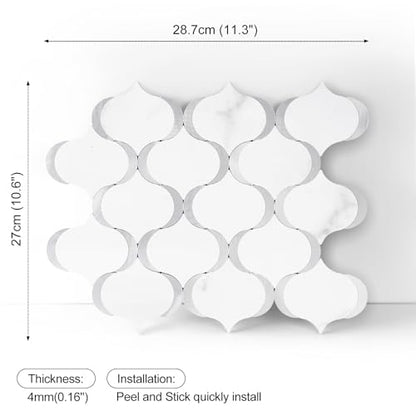 10 Sheet Arabesque Peel and Stick Backsplash Tile, Stick on Backsplash for Kitchen and Bathroom Wall, Marble White Look PVC Mixed Metal Aluminum - color: Marble White Mixed Metal Silver