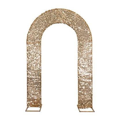 8 feet Gold Big Payette Sequin Fitted Double-Sided U-Shaped Wedding Arch, Round Top Chiara Stand Cover, Spandex Shimmer Tinsel Open Arch Backdrop Stand Cover Wedding Party Reception Decorations
