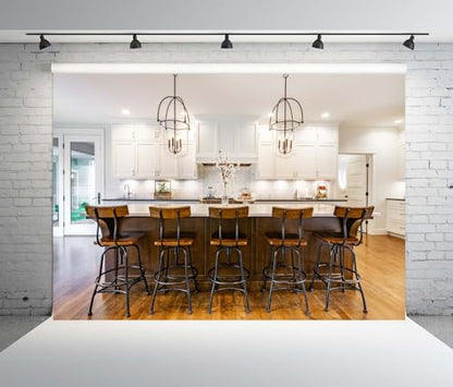 15x8ft Fabric Modern Farmhouse Kitchen Backdrop Rustic Kitchen White Cabinets Island Countertop with Bar Stools Background for Home Cooking Food Party Decorations Photo Props - size: 15x8FT