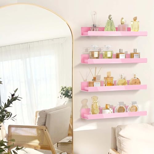 4 Pack 15 Inch Pink Acrylic Shelves, Kids Floating Bookshelf for Kids Room, Modern Nail Polish Rack Sunglasses Essential Oil Picture Ledge Display Toy Storage Wall Shelf - color: 15in-pink