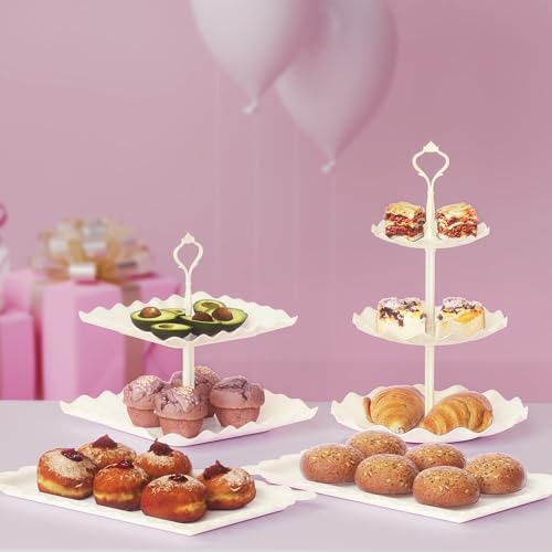 10 Pack Cake Stand Set with 3 x Two-Tier and 3 x Three-Tier Cupcake Stands, Plastic Dessert Table Stand Set 3 Tired Cookie Tray and 4 Pcs Dessert Trays - color: White