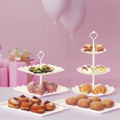 10 Pack Cake Stand Set with 3 x Two-Tier and 3 x Three-Tier Cupcake Stands, Plastic Dessert Table Stand Set 3 Tired Cookie Tray and 4 Pcs Dessert Trays - color: White