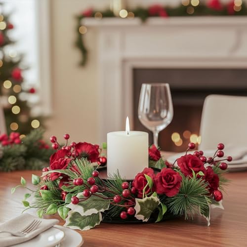 MOYEE Candle Holder Centerpieces for Tables,Candle Ring,Wreaths, Black Metal Candle Stick Paired Artificial Flowers 14 in Versatile Dining Table Centrepiece - color: Rose and Pine Needle Wreath