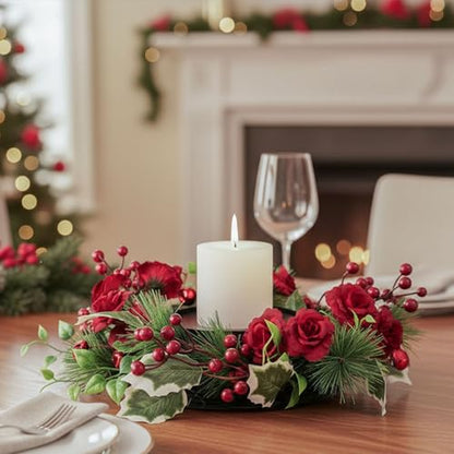 MOYEE Candle Holder Centerpieces for Tables,Candle Ring,Wreaths, Black Metal Candle Stick Paired Artificial Flowers 14 in Versatile Dining Table Centrepiece - color: Rose and Pine Needle Wreath