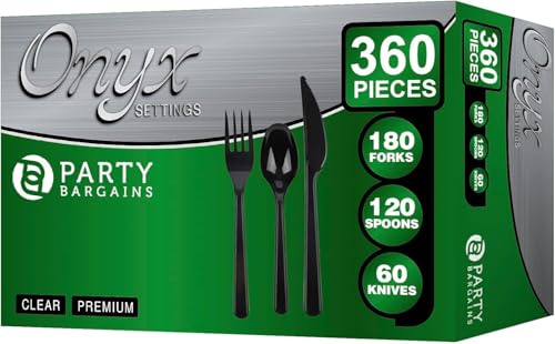 PARTY BARGAINS Onyx Settings Black Plastic Cutlery Set 360‑Piece – 180 Forks, 120 Spoons, 60 Knives – Heavy‑Duty Disposable Utensils for Parties, Weddings, Buffets, BBQs & Catering – BPA Free - color: Onyx, size: 360 Pieces