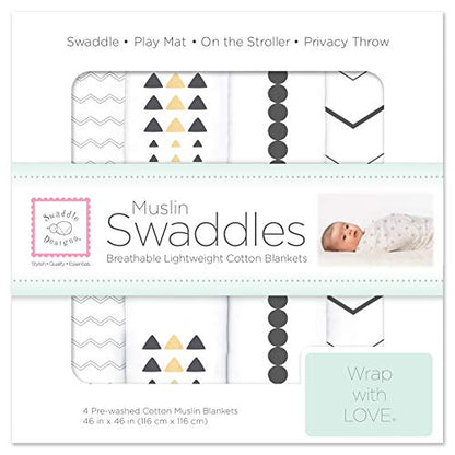 SwaddleDesigns Cotton Muslin Swaddle Blankets, Set of 4, Receiving Blankets for Baby Boys & Girls, Best Shower Gift, 46x46 inches, Gold & Graphite - color: Gold & Graphite