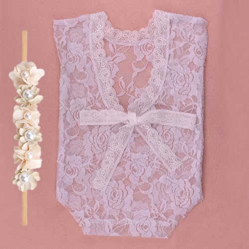 Newborn Photography Outfits, Cute Baby Lace Ribbon Rompers with Headband for Infant Photography Props - color: White