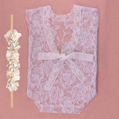 Newborn Photography Outfits, Cute Baby Lace Ribbon Rompers with Headband for Infant Photography Props - color: White