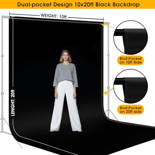CPLIRIS 10x20ft Black Backdrop for Photography, Dual-Size Dual-Pocket Design Photo Booth Background for Portrait Photoshoot, Party and Video with Both Options of 10 feet and 20 feet in Width - color: Black, size: 10x20ft