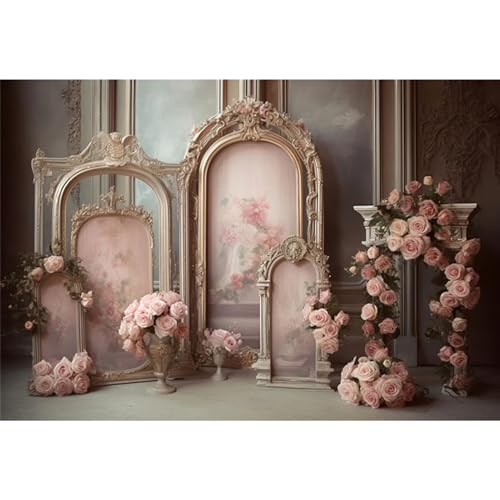 YongFoto European Retro Elegant Room Interior Wall Backdrop 7x5ft French Arched Oil Painting Frame Floral Vase Garland Photography Background Wedding Party Home Art Decor Portrait Photoshoot Props - color: Pink-Green, size: 7ftx5ft