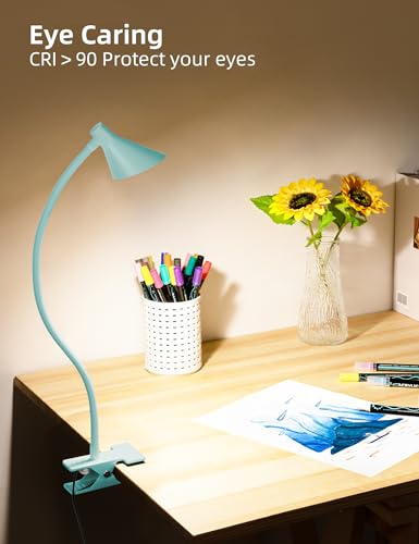 LiFMIRA Reading Light for Bed, Clip-on Desk Lamp with Flexible Neck, 3 Color Modes & 10 Dimmable Brightness, Teal - color: Teal