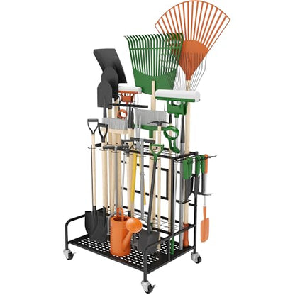 Garden Tool Organizer Rack with Wheels Up to 39 Tools, Heavy-Duty Steel Yard Tool Organizer for Garage Storage with 12 Hooks, Broom Holder & Garden Tool Rack for Shed, Patio, Outdoor Use, Black - style: Rack With Accessories