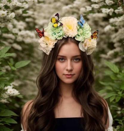 Elegant Butterfly Flower Headband for Women Boho Handmade Rose Floral Crown Wedding Bridal Festivals Cosplay Prom Photo Props Headpiece (B4 green white, Adjustable) - color: B4 green white