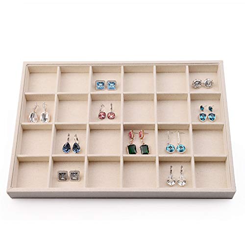 Oirlv Stackable Linen Jewelry Tray Adjustable 24 Grid Jewelry Storage Case for Drawer or Showcase - size: 24 Grids