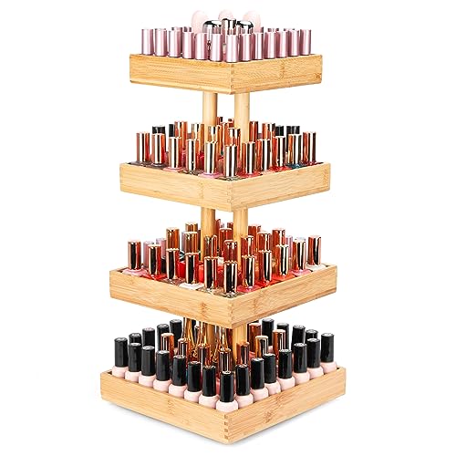 Homde Nail Polish Display Stand and Storage: 360 Degree Rotating Bamboo Rack Organizer, 4 Tier Makeup Holder for Fast Access on Countertop or Vanity for Girls & Women,Brown - color: Brown