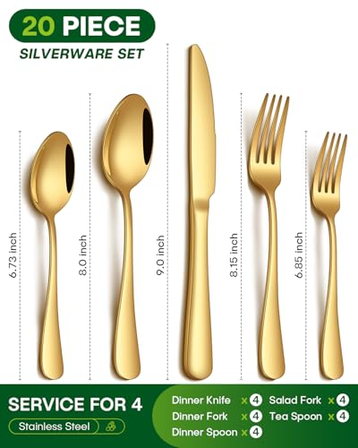 PHILIPALA 20 Piece Gold Silverware Set, Stainless Steel Flatware Set for 4 Food Grade Cutlery Utensil Set Include Knife Fork Spoon Mirror Polished Dishwasher Safe