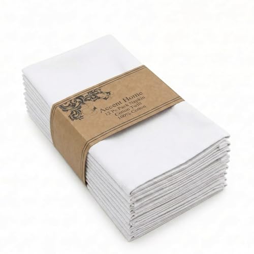 ACCENTHOME Accent Home 100% Cotton Napkins, Delicate Cloth Napkins for Dinners, Parties and Weddings，18 x 18 Inch Set of 12 - White - color: 12 - White - Twill, size: 18"x18" - Pack of 12