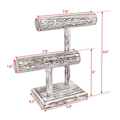 Ikee Design 2 Tier Wooden Jewelry Bracelet Watch Display Tower, Bangle Scrunchie Necklace Holder Storage Stand, 7.9 W x 4.3 D x 9.4 H in, Antique White Color - color: Antique White