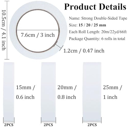 Double-Sided Fabric Tape, Hem Tape No Sew Double Sided Tape for Crafts Arts, 6 Rolls Strong Adhesive Cloth Sewing Tape for Hemming, Clothing Repairs, Pants, DIY Projects, Paper Backing (0.6/0.8/1inch) - size: 15mm*2 / 20mm*2 / 25mm*2
