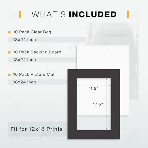 Golden State Art, Pack of 10, Pre-Cut 18x24 Black Picture Mat Kit for 12x18 Photo, 10 White Core Bevel Cut Mattes, 10 Backing Boards and 10 Clear Bags - color: Black, size: 18x24 for 12x18 (10 Pack)