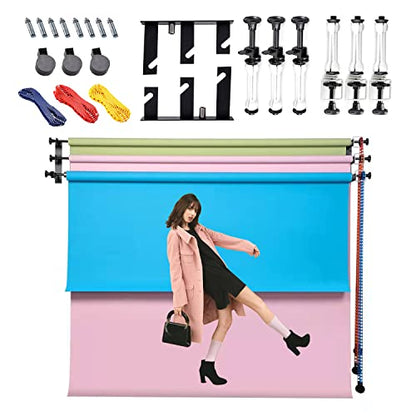 ZLY 3 Roller Wall Mounting Manual Background Support System, Including 3 Tri-fold Hooks, 6 Expand Bars, 3 Chains, Ceiling Background Holder Attached into Table Lamp