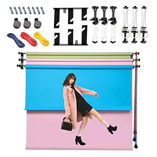 ZLY 3 Roller Wall Mounting Manual Background Support System, Including 3 Tri-fold Hooks, 6 Expand Bars, 3 Chains, Ceiling Background Holder Attached into Table Lamp