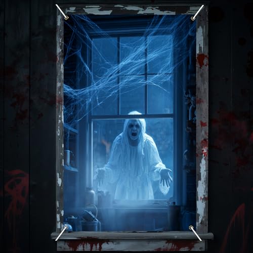 Nuxovilar Halloween Window Decorations, Screaming Ghost in Cobwebs Halloween Window Cover for Indoor, Party, Haunted House, 31.5x47.3 Inches - color: CU00911