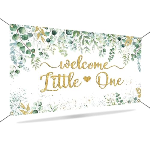 Mocsicka Greenery Baby Shower Banner - Welcome Little One Neutral Baby Shower Decorations Background, Eucalyptus Greenery Leaves Boy Girl Party Photo Props