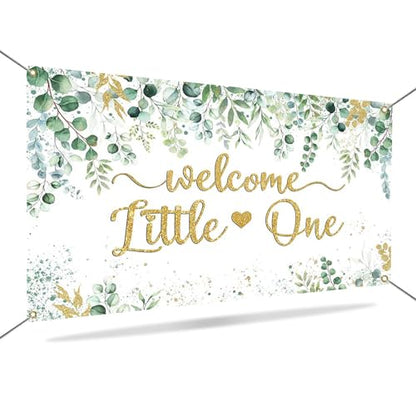 Mocsicka Greenery Baby Shower Banner - Welcome Little One Neutral Baby Shower Decorations Background, Eucalyptus Greenery Leaves Boy Girl Party Photo Props