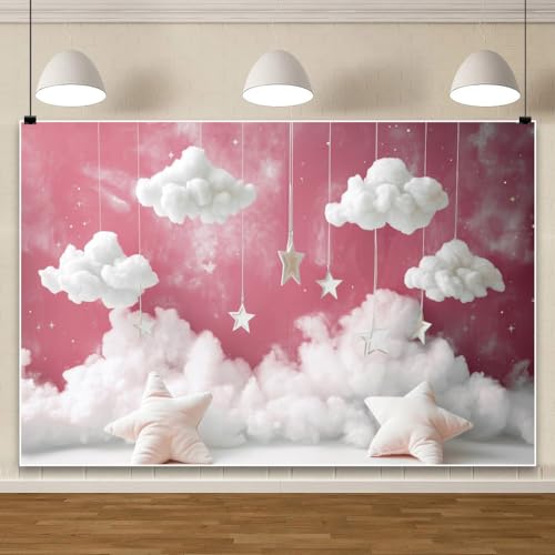 Yeele 8x4ft Girl Baby Shower Backdrop Starry Star Pillow White Clouds Pink Sky Photography Background for 1st 2nd Girl Birthday Party Baby Shower Party Newborn Portrait Photo Shoot Prop Decor - size: 8x4ft