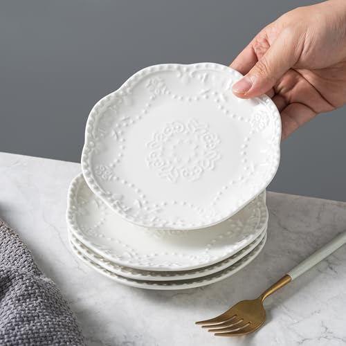 White Small Dessert Plates Set of 4,Ceramic Dinner Plates 6 Inch for Appetizer, Fruits, Cake, Salad,Microwave Safe,Christmas Gift - color: White-3