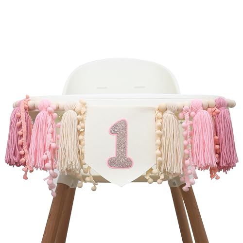 Girls 1st Birthday Tassels High Chair Banner -1st Birthday Decorations for a Girl,Boho First High Chair Banner,Rose Gold Cake Smash Photo Prop