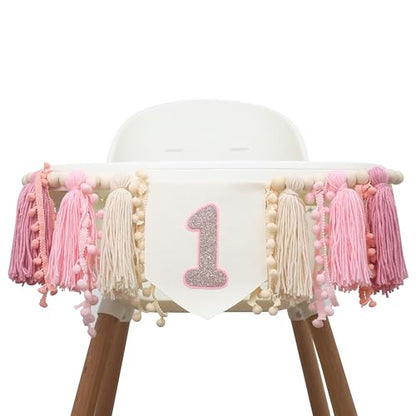 Girls 1st Birthday Tassels High Chair Banner -1st Birthday Decorations for a Girl,Boho First High Chair Banner,Rose Gold Cake Smash Photo Prop