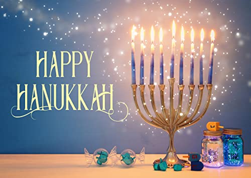 BELECO 9x6ft Fabric Happy Hanukkah Photography Backdrop Menorah Glitter Bokeh Lights Gyro Chanukah Holiday Decorations Banner Background Jewish Holy Festival Israel Party Supplies Studio Photo Props - size: 9x6FT