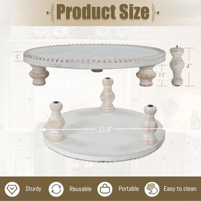MAONAME Farmhouse Wood Riser for Display, Decorative Pedestal Stand for Kitchen Counter, Rustic Round Beaded Wooden Display Tray for Home Decor, Short and Tall Footed, 11.87 Inch