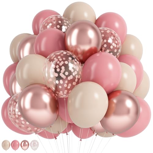 Jobkoo Dusty Blush Pink Balloons, Retro Pink Metallic Chrome Rose Gold Confetti White Sand Nude Balloon Dusty Rose Apricot Beige Party Balloons for Birthday Boho Mothers Day Baby Shower Decorations - color: Dusty Pink White