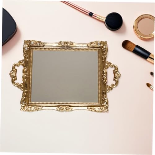 VICASKY Vintage Carved Mirror Tray with Resin Glass Surface Elegant Wedding Storage and Dessert Table Decor Nordic Style Photo Prop for Living Room Hotel Party Use Golden Finish