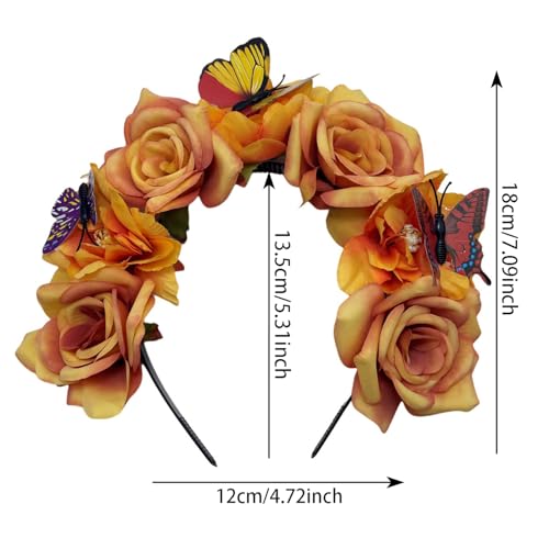 Elegant Butterfly Flower Headband for Women Boho Handmade Rose Floral Crown Wedding Bridal Festivals Cosplay Prom Photo Props Headpiece (A3 yellow, Adjustable) - color: A3 yellow