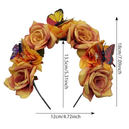 Elegant Butterfly Flower Headband for Women Boho Handmade Rose Floral Crown Wedding Bridal Festivals Cosplay Prom Photo Props Headpiece (A3 yellow, Adjustable) - color: A3 yellow
