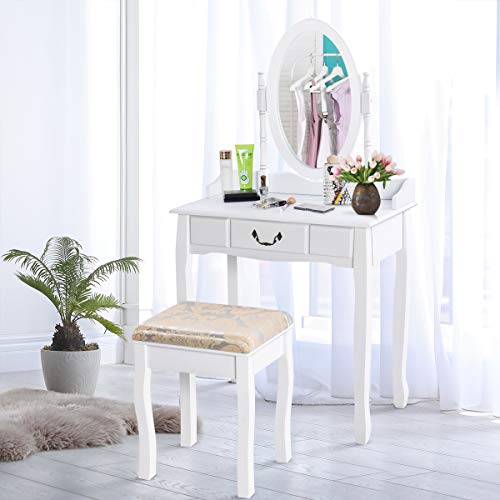 Giantex White Vanity Table Set with Stool, Dressing Table for Girls Women Mirror Makeup Table Desk Room Vanity Dresser, Large Bedroom Vanities w/Drawer