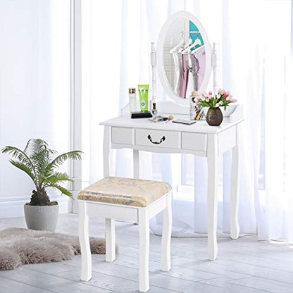 Giantex White Vanity Table Set with Stool, Dressing Table for Girls Women Mirror Makeup Table Desk Room Vanity Dresser, Large Bedroom Vanities w/Drawer