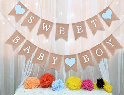 Sweet Baby Boy Burlap Banner - Rustic Baby Shower Decorations, Photo Props (Sweet Baby Boy Blue) - color: Sweet Baby Boy Blue