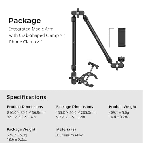 SmallRig 26" Magic Arm with Super Clamp, Overhead Phone Mount, Flexible Desk Camera Mount with 1/4" Screw and Cable Clip, Max Load 2.2lb, for iPhone, Action Camera, Video Light, Webcam, Mic - 5625 - style: Double Ball Joints with Cable Clip