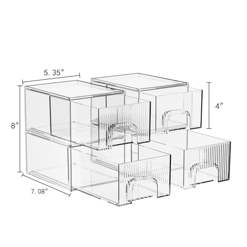 ZHIAI 4 Pack Clear Stackable Storage Drawer, Acrylic Drawer, Cosmetic Organizer, Plastic Organizer for Dresser, Under, Kitchen Cabinet, Pantry, Home Organization and Storage - color: 4 Short