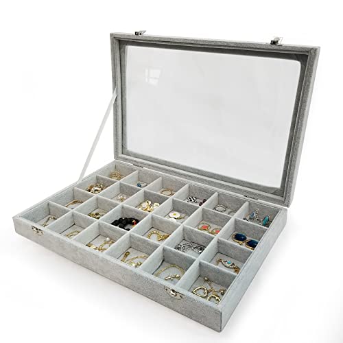Removable 24 Grids Jewelry Organizer Box Ice Velvet Clear Lid Jewelry Tray Display Case for Earrings Rings Bracelet Grey - color: 24 Grids