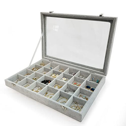 Removable 24 Grids Jewelry Organizer Box Ice Velvet Clear Lid Jewelry Tray Display Case for Earrings Rings Bracelet Grey - color: 24 Grids