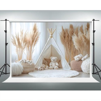 YongFoto Bear Theme Backdrop 7x5ft Tent Blanket Pampas Boho Photography Background Baby Shower Cradle Ceremony Kid Birthday Party Banner Baby Portraits Photoshoot Wallpaper Photo Studio Booth Prop - color: Style 6, size: 7ftx5ft
