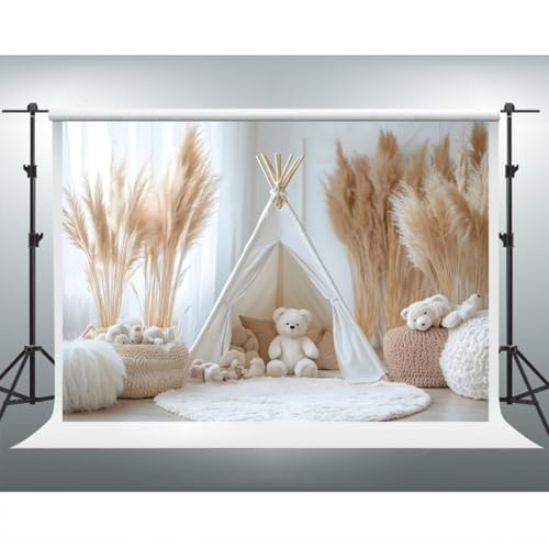 YongFoto Bear Theme Backdrop 8x6ft Tent Blanket Pampas Boho Photography Background Baby Shower Cradle Ceremony Kid Birthday Party Banner Baby Portraits Photoshoot Wallpaper Photo Studio Booth Prop - color: Style 6, size: 8ftx6ft