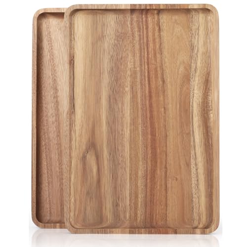2 PCS 16 x 12 in Large Solid Acacia Wood Serving Trays Rectangular Wooden Serving Platters Natural Wooden Boards for Bar Coffee Party（Wood Log Color） - color: Wood Log Color, size: 16*12 inch