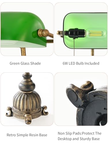 Retro Green Glass Bankers Desk Lamp for Home Office,Library with Pull Chain Switch Plug in Fixture, LED Bulb Included - color: Antique+Green1